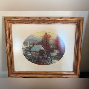 Vintage Framed Autumn Landscape Cross-Stitch Art cottage core Grandma core estat